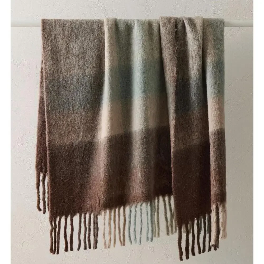 NEW West Elm Faux Mohair Framed Ombre Throw Blanket, 50 x 60 in Bordeaux